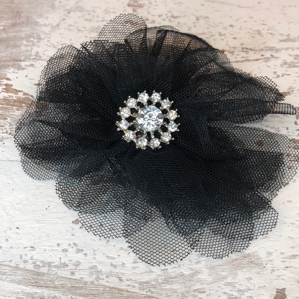 NWT Handmade Black Dahlia Tulle Crystal Hair Clip